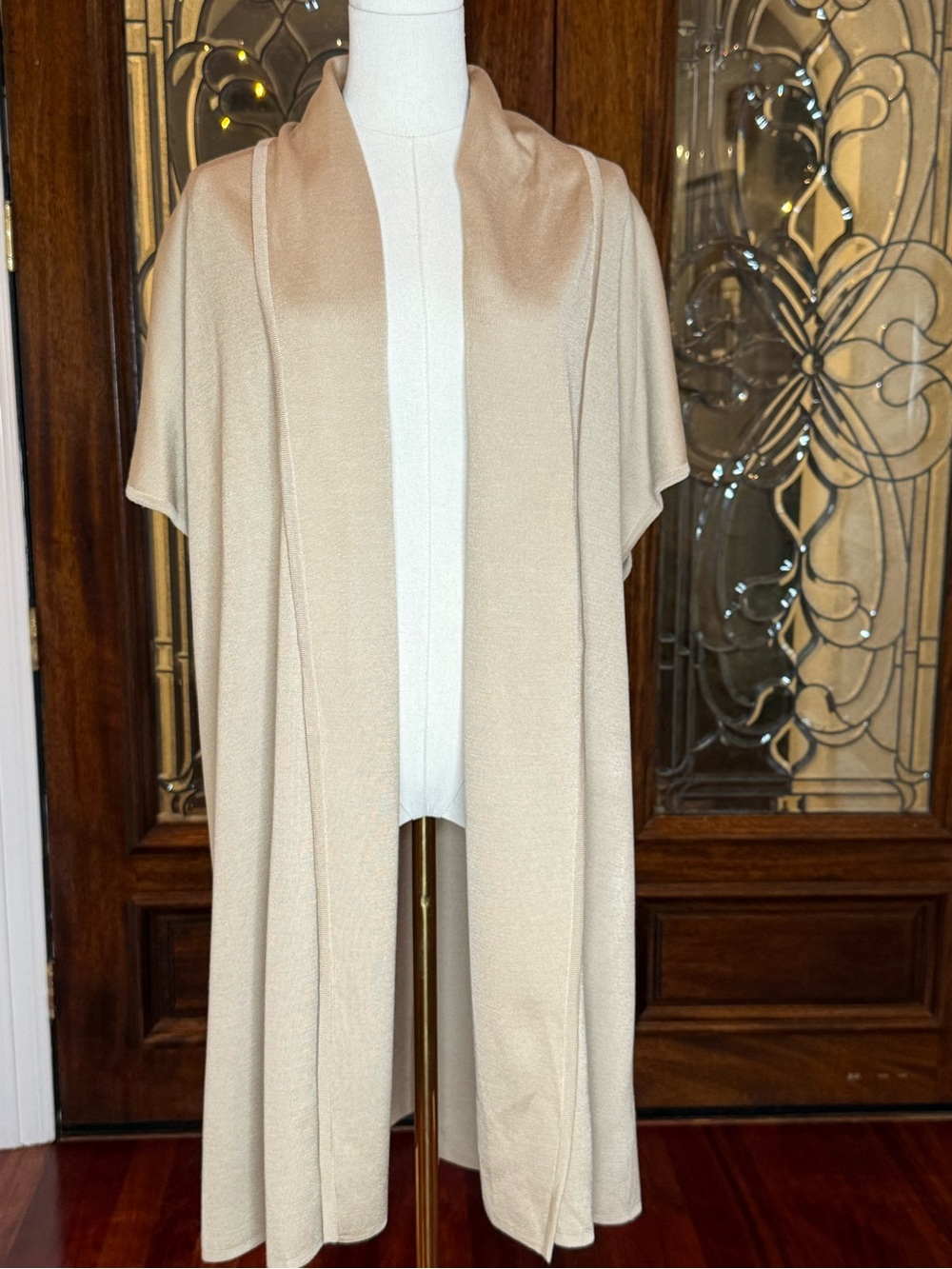 St. John Wool Rayon Open Front Duster Cardigan Camel Beige